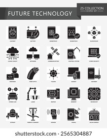 Future Technology glyph icons set. contain bot, blockchain, fiber, clout, chatbot, chip, server and more. Vector EPS 10 for print, digital UI, UX kit, web and app development for technology, education