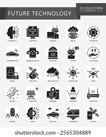 Future Technology glyph icons set. contain AI, algorithm, cloud, genome, nanobot, robot, energy and more. Vector EPS 10 for print, digital UI, UX kit, web and app development for technology, education