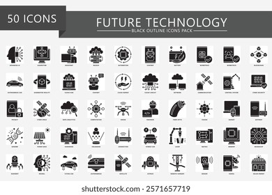 Future Technology glyph icons set. contain AI, algorithm, cloud, genome, nanobot, robot, server and more. Vector EPS 10 for print, digital UI, UX kit, web and app development for technology, education