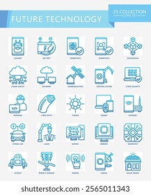 Future Technology gradient icons set. contain bot, blockchain, fiber, clout, chatbot, chip and more. Vector EPS 10 for print, digital UI, UX kit, web and app development for technology, education.