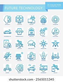 Future Technology gradient icons set. contain AI, algorithm, cloud, genome, nanobot, robot and more. Vector EPS 10 for print, digital UI, UX kit, web and app development for technology, education.