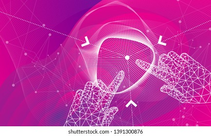 Future technology with hand and arrows on full color liquid beautiful gradient geometric thin line background. Big data selections and intellectual systems.