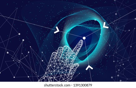 Future technology with hand and arrows on full color liquid beautiful gradient geometric thin line background. Big data selections and intellectual systems.