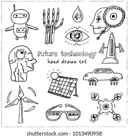 Future technology Hand drawn doodle set. Vector illustration. Isolated elements on white background. Symbol collection.