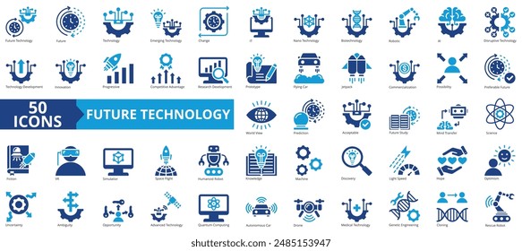 Future technology icon collection set. Containing emerging technology, change, it, nano technology, biotechnology, robotic, ai icon. Simple flat vector