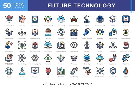 Conjunto de coleta de ícones da tecnologia Future. Contendo tecnologia emergente, mudança, ti, nanotecnologia, biotecnologia, robótica, ícone de ai. Ilustração de vetor simples