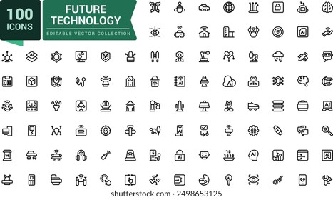 Future Technology icon pack. Raleated to AI, Robotic, Artificial Intelligence, Technology. Minimalist thin linear web ui icon set. Simple editable vector stroke illustration.