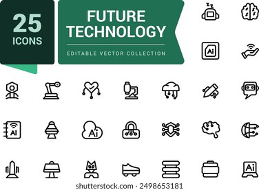 Future Technology icon pack. Raleated to AI, Robotic, Artificial Intelligence, Technology. Minimalist thin linear web ui icon set. Simple editable vector stroke illustration.