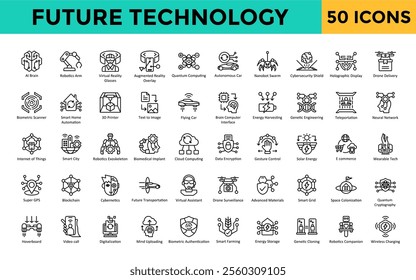 Future Technology icon set with ai brain, robotics arm, virtual reality glasses, augmented reality overlay, quantum computing, autonomous car icon. Simple line vector 
