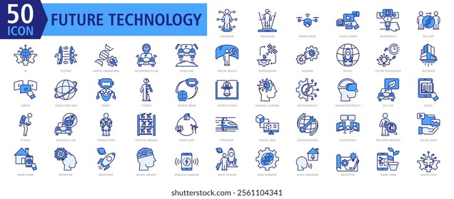 Future Technology Icon Set Blue with Humanoid, Hologram, Smart Drone, Touch Screen, Smartwatch, DNA Test, AI, Teleport, Genetic Engineering and Autonomous Car