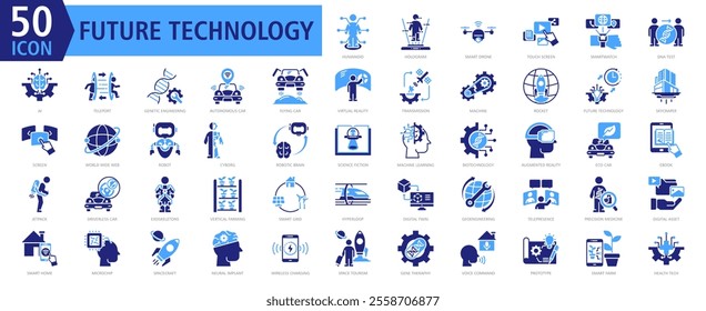 Future Technology Icon Set Color Fill with Humanoid, Hologram, Smart Drone, Touch Screen, Smartwatch, DNA Test, AI, Teleport, Genetic Engineering and Autonomous Car