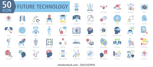 Future Technology Icon Set Color with Humanoid, Hologram, Smart Drone, Touch Screen, Smartwatch, DNA Test, AI, Teleport, Genetic Engineering and Autonomous Car