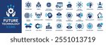 Future technology icon set. Containing robot, artificial intelligence, innovation, smart city, robotics, humanoid, hologram, digital world, high-tech and automation. Solid vector icons collection.