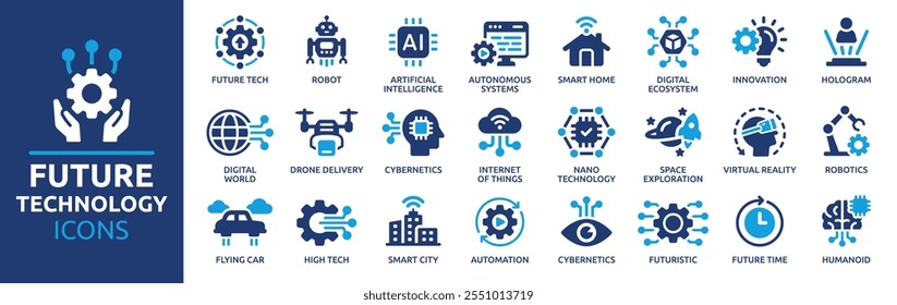 Conjunto de ícones da tecnologia futura. Contendo robô, inteligência artificial, inovação, cidade inteligente, robótica, humanoide, holograma, mundo digital, alta tecnologia e automação. Coleção de ícones de vetor sólido.