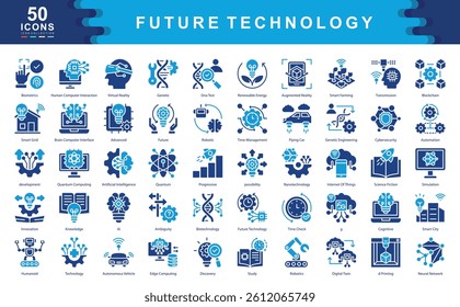 The Future Technology icon set defines key drivers of innovation such as automation, intelligence, and connectivity, ideal for tech forecasting, digital transformation, and strategic planning.