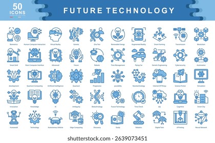 The Future Technology icon set defines key drivers of innovation such as automation, intelligence, and connectivity, ideal for tech forecasting, digital transformation, and strategic planning.