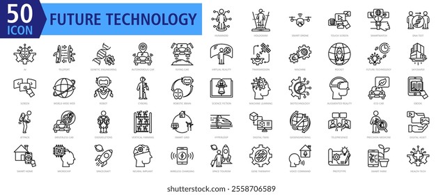 Future Technology Icon Set with Humanoid, Hologram, Smart Drone, Touch Screen, Smartwatch, DNA Test, AI, Teleport, Genetic Engineering and Autonomous Car