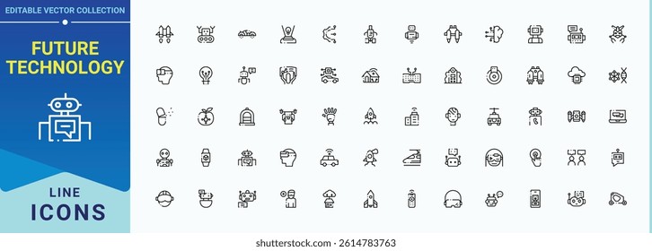 Future Technology icon set. Includes symbols for science, artificial, gadget, automation, smart, cyber, tech and more. UI icons set in a thin style. Artificial line icon set. Editable stroke.