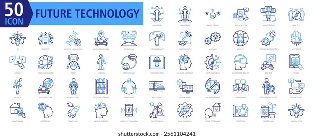Future Technology Icon Set  Outline Color with Humanoid, Hologram, Smart Drone, Touch Screen, Smartwatch, DNA Test, AI, Teleport, Genetic Engineering and Autonomous Car
