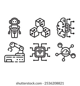 Iconos de Tecnología del futuro en blanco y negro (IA, robótica, IoT, blockchain)