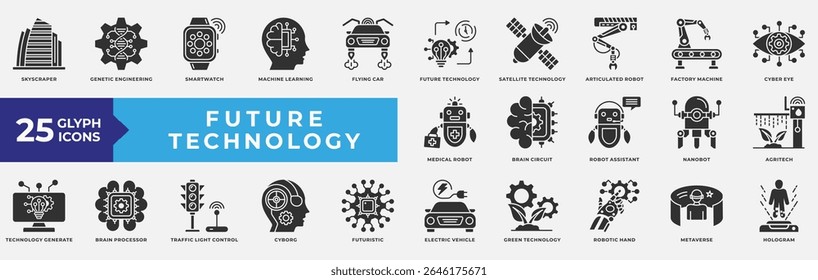 Conjunto de coleta de ícones da tecnologia Future. Contendo arranha-céu, engenharia, aprendizagem de máquina, futuro, robô de tecnologia, olho cibernético, robô médico, circuito cerebral e futurista. Vetor de Glifos Simples.