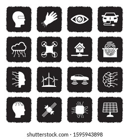 Future Technology Icons. Grunge Black Flat Design. Vector Illustration.