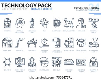 Future Technology Icons Set. Editable Stroke. Technology Outline Icons Pack. Pixel Perfect Thin Line Vector Icons For Web Design And Website Application.