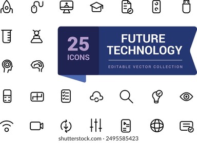 Future technology icons set in line style. Collection and pack of linear web and ui icons. Editable stroke. Vector illustration.