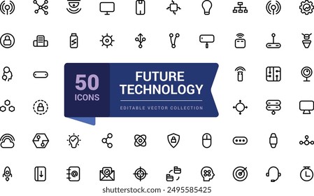 Future technology icons set in line style. Collection and pack of linear web and ui icons. Editable stroke. Vector illustration.