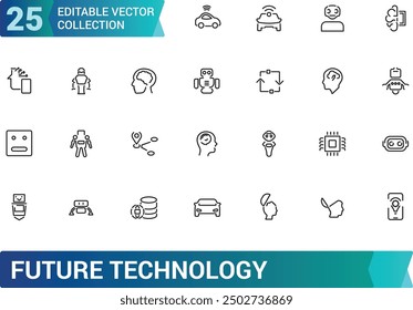 Future technology icons set in line style. Collection and pack of linear web and ui icons. Editable stroke. Vector illustration.