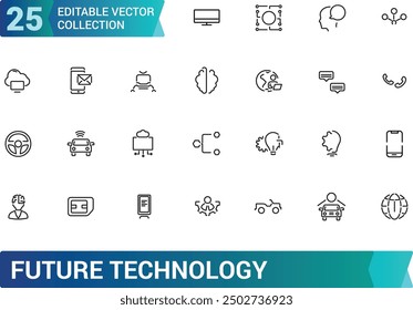 Future technology icons set in line style. Collection and pack of linear web and ui icons. Editable stroke. Vector illustration.