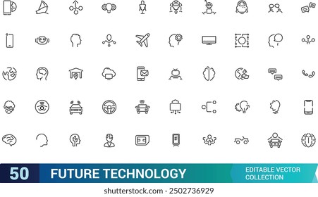 Future technology icons set in line style. Collection and pack of linear web and ui icons. Editable stroke. Vector illustration.
