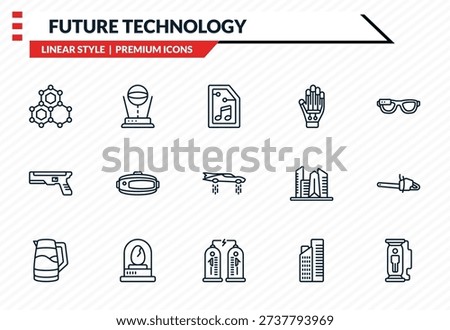 future technology icons set - nanotechnology, hologram, blaster, teleportation, cloning outline vector collection.
