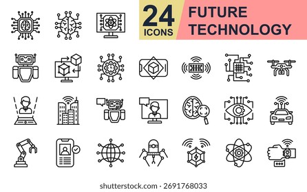 Future Technology Icons set vector illustration. Containing Neural Network, Robot, Digital Twin, Tech Future, Augmented Reality and more. Simple line icons collection.