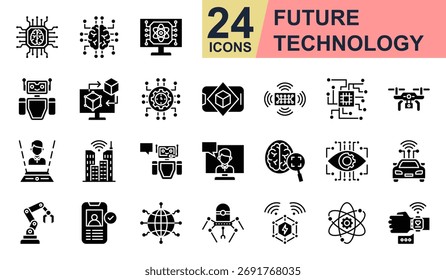 Os ícones da tecnologia Future definem a ilustração vetorial. Contendo Rede Neural, Robô, Gêmeo Digital, Tech Future, Realidade Aumentada e muito mais. Coleção de ícones de glifo simples.