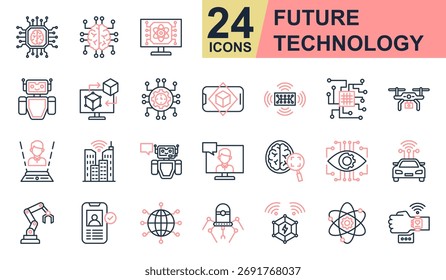 Os ícones da tecnologia Future definem a ilustração vetorial. Contendo Rede Neural, Robô, Gêmeo Digital, Tech Future, Realidade Aumentada e muito mais. Coleção de ícones de cores de linha simples.