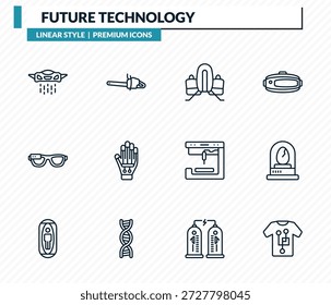 conjunto de ícones tecnologia futura - veículo, motosserra, jetpack, incubadora de ovos, coleção de vetor de contorno de roupas inteligentes.