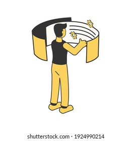 Future technology isometric composition with isolated character of man working with panoramic screens vector illustration