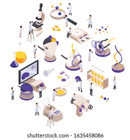 Future technology isometric composition with set of electronic lab equipment dna molecules and small human characters vector illustration