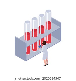 Future technology isometric icon with female character and laboratory tubes with blood 3d vector illustration