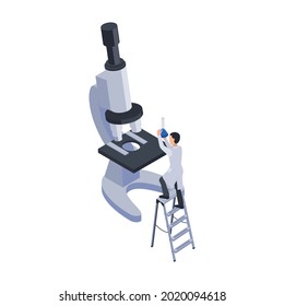 Future technology isometric icon with microscope and tiny character holding laboratory flask vector illustration