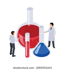 Future technology isometric icon with researchers and laboratory flasks vector illustration