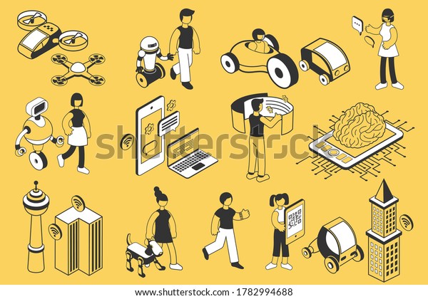 Future technology isometric icons set with\
people robots modern devices means of transport isolated on yellow\
background 3d vector\
illustration