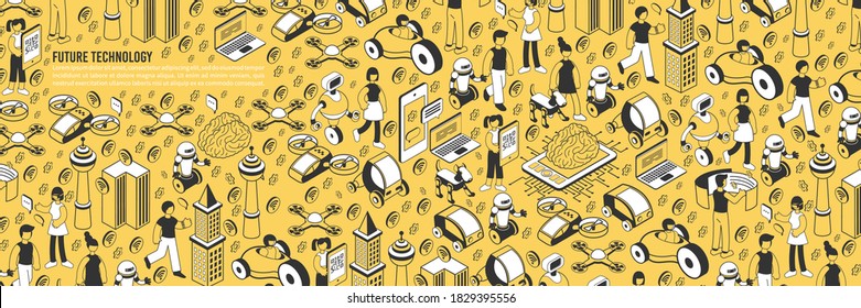 Future technology isometric pattern with yellow background text and isolated icons of gadgets buildings and people vector illustration