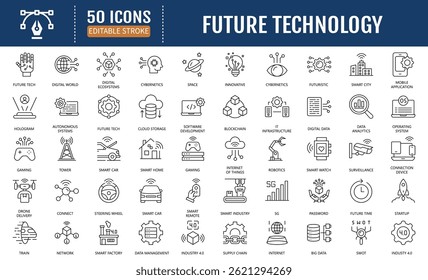 Conjunto de ícones editáveis da linha de tecnologia futura. Contendo robôs, inteligência artificial, inovação, cidade inteligente, robótica, holograma, mundo digital, alta tecnologia, automação e muito mais. Ilustração de vetor
