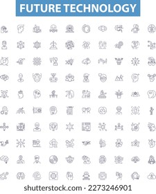 Future technology line icons, signs set. Innovations, Automation, Robotics, Artificial Intelligence, Nanotechnology, Biotech, Quantum Computing, Big Data, Blockchain outline vector illustrations.