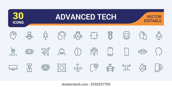 Coleção de ícones lineares da tecnologia Future. Contém ícones como computador, gadget, eletrônico, inteligente, gráfico e muito mais. Design de ícone de interface do usuário fina. Ilustração vetorial.