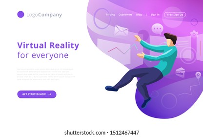 future technology man into virtual reality touching and editing interface. Easy to edit and customize. Vector illustration