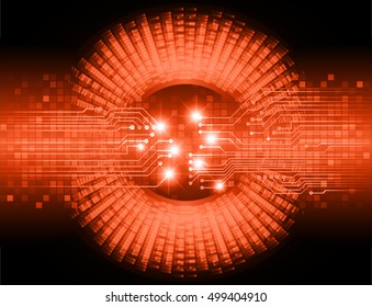 future technology, orange eye light cyber security concept background, abstract hi speed digital data internet website. motion move speed blur. eyeball