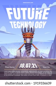 Future Technology Poster With Drilling Rig, Drill Ship For Exploration And Mining. Vector Cartoon Landscape With Platform And Derrick With Auger For Bore And Mining Ground